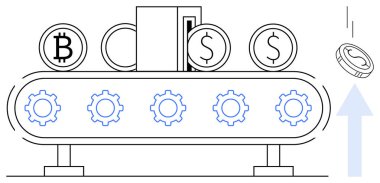 Bitcoin 'li sikkeler, dişli taşıma bandında dolar sembolleri, işleme ve otomasyonu gösteren semboller. Kripto para birimi, fintech, engelleme zinciri, dijital ödeme, finans yönetimi için ideal