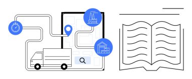 Konum işaretleri, kronometre ve fabrika simgeleriyle haritalanmış bir kamyon. Açık kitap bilgi ve öğrenmeyi simgeler. Lojistik, dağıtım, eğitim, planlama ve araştırma veri arzı için ideal