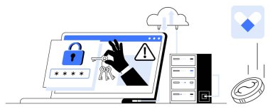 Ekranın yanında kilit, uyarı işareti, bulut, sunucu ve güvenli jetonla el hırsızlığı. Siber güvenlik, hack önleme, veri güvenliği, şifre gücü dijital tehditler güvenli erişim için idealdir