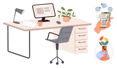 Lambalı bilgisayar masası, sandalye, bitki, cep telefonu uygulama, yaratıcılık kavramı balonu, profesyonel profil. Üretkenlik, işyeri, teknoloji yaratıcılığı yenilik problem çözme için ideal