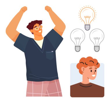 Kutlama için kollarını kaldıran neşeli insan, fikirleri sembolize eden, gülümseyen bireyin ilave ikonuyla aydınlatılmış ampullerle çevrili. Yaratıcılık, takım çalışması, yenilik ve başarı için ideal