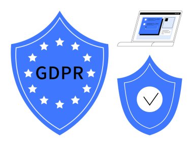 GDPR mesajı olan mavi kalkanlar, yıldızlar ve dizüstü bilgisayarla eşleştirilmiş bir kontrol işareti. Gizlilik için ideal, yasal uyum, veri güvenliği, kullanıcı hakları, bilgi güvenliği iş ahlakı için basit bir daire