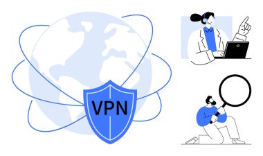 VPN etiketli kalkan, dünyayı ağ hatlarıyla donatıyor. Dizüstü bilgisayardaki destek ajanı ve riski analiz eden adam. Siber güvenlik, uzaktan çalışma, dijital güvenlik, gizlilik, veri koruması, güvenli tarama için ideal