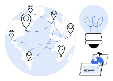 İğneler ve bağlantı yolları olan coğrafi harita, fikirler için ampul, dizüstü bilgisayarda uzaktan çalışan kişi. Yaratıcılık, ağ oluşturma, uzak çalışma, küresel takım çalışması, yenilik ve modern için ideal