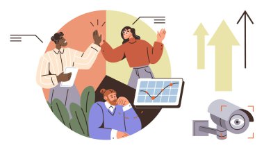 Profesyoneller beşlik çakıyor ve stratejileri tartışıyor, yukarı doğru eğilimi gösteren grafikler, güvenlik kamerası, ilerlemeyi simgeleyen oklar. Takım çalışması, iş büyümesi, güvenlik, analitik ve strateji için ideal