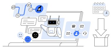 Müşteri sorgulama ve geri bildirim yöneten robot asistanı. Teknoloji, iletişim, destek, yapay zeka, otomasyon, ağ oluşturma, verimlilik için ideal. Basit bir dairede dijital servis kavramlarını basitleştirir