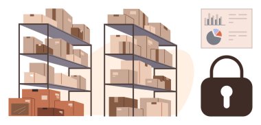 Kutularla dolu istiflenmiş depo rafları, duvarda sergilenen finansal tablolar ve güvenliği vurgulayan bir kilit. Envanter yönetimi, lojistik, analitik, finansal planlama, lojistik için ideal