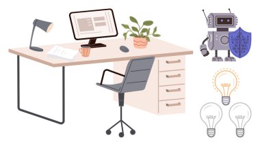 Ofis, masa, bilgisayar, lamba, sandalye ve bir robotun yanında bir kalkan ve ampul tasarımı. Teknoloji, yenilik, yaratıcılık, işyeri otomasyonu için ideal