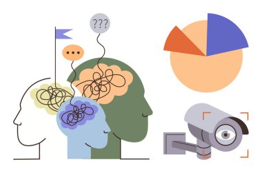 Profiles of human heads with tangled lines, speech bubbles, a camera with focus lines, and a pie chart. Ideal for psychology, decision-making, surveillance, strategy, brainstorming innovation