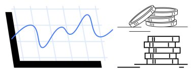 Line graph with fluctuating blue trend and stacks of coins symbolize financial growth, investment, and profits. Ideal for business, finance, economics, trends, analysis savings wealth. Clean flat