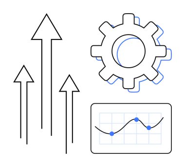 Gear icon, upward arrows, line graph with data points. Ideal for innovation, progress, analytics, technology, strategy productivity business growth. A simple flat metaphor