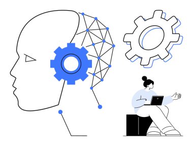 Side profile of human head with neural connections and a gear, representing AI integration. Woman working on a laptop in discussion. Ideal for AI, technology, innovation, machine learning