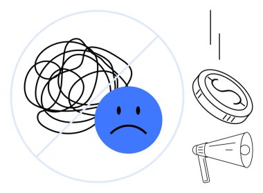 Messy scribble with sad face inside prohibition circle, coin, and megaphone suggest challenges and solutions. Ideal for mental health, stress management, problem-solving, conflict resolution