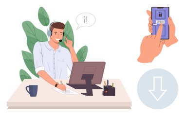 Man at desk wearing headset, talking while writing smartphone with unlock process. Ideal for communication, customer service, remote work, mobile tech, security, tech support innovation visuals. A