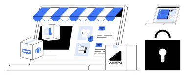 Online store interface with storefront canopy, shopping cart, parcel, discount tag, and lock. Ideal for e-commerce, cybersecurity, online shopping, digital marketing web design retail innovation