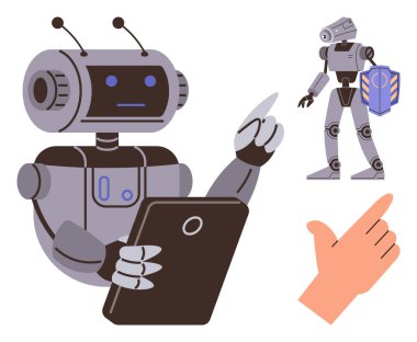 Futuristic robot interacting with a tablet, pointing forward, smaller robot, human hand gesture. Ideal for technology, AI, innovation, futurism robotics communication education. Represents