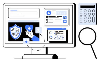 Computer screen with health shield, heart, analytics, patient profiles, calculator, and magnifying glass. Ideal for healthcare, technology, data analysis insurance medical research diagnostics