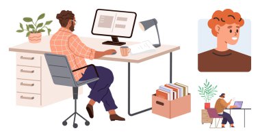 Person working at desk with computer, coffee cup, indoor plants, and file box, engaging in video call. Ideal for remote work, communication, productivity, collaboration modern workplace study
