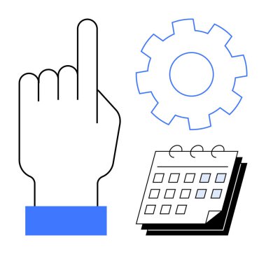 Hand pointing upward, gear symbol for process optimization, calendar for time planning. Ideal for productivity, organization, scheduling, planning, workflow task management efficiency. Clean flat