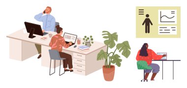 Office workers focused on tasks, laptops, and paper documents. Wall chart shows data and metrics. Ideal for teamwork, productivity, workplace dynamics, data analysis, collaboration modern business