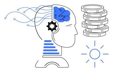 Human head with neural connections and gear, representing AI, linked with coins and sunlight. Ideal for technology, finance, energy solutions, innovation, automation, economy data-driven growth