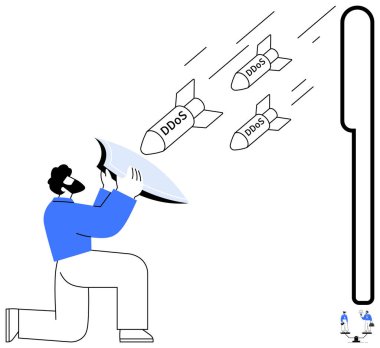 Man with shield blocking multiple DDOS-labeled missiles approaching a large key. Ideal for cyber security, data protection, online defense, risk management, threat mitigation, IT security, simple