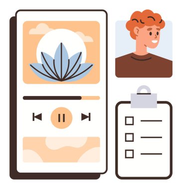 Smartphone screen showing meditation app with lotus design, audio controls, checklist, and user portrait. Ideal for mindfulness, productivity, mental health, balance, self-care wellness simple flat