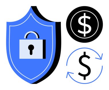 Blue shield with a lock, dollar icon in coin format, and arrows representing money circulation. Ideal for finance, security, cybersecurity, protection, banking transactions economic safety. Simple