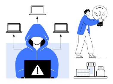 Hooded figure with laptop emitting warning symbol, arrows connecting multiple laptops, man carrying lightbulb, and various objects representing innovation. Ideal for security, innovation, technology