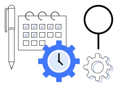 Pen, checklist calendar, magnifying glass, clock on gear, small gear imply planning, productivity, analysis. Ideal for scheduling, organization strategy efficiency research workflow simple flat