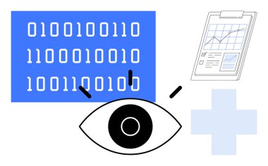 Binary code, an eye symbolizing analysis, a chart on a clipboard, and a medical cross. Ideal for data science, technology, healthcare, analytics innovation research and digital progress. Simple