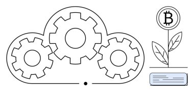 Black and white cloud with gears symbolizing technology and growth, alongside a plant sprouting Bitcoin. Ideal for cryptocurrency, technology, ecology, digital innovation, blockchain, fintech
