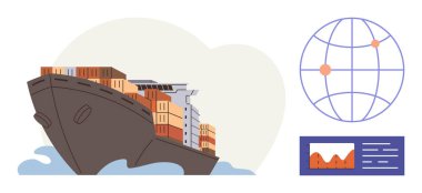 Cargo ship carrying containers at sea, accompanied by global map and statistics chart. Ideal for shipping, trade, logistics, data, supply chain, transportation globalization concepts. Simple flat