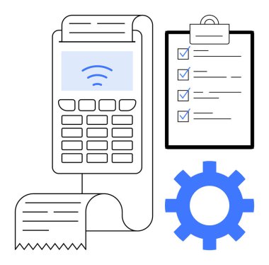 Digital payment terminal with receipt printout, a completed checklist on clipboard, and a gear. Ideal for payment systems, automation, e-commerce, organization, financial management, workflow simple