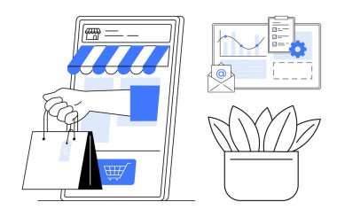 Hand holding shopping bags from a smartphone storefront, analytics dashboard with chart and gear, and a potted plant. Ideal for e-commerce, business strategy, marketing, mobile apps, analytics