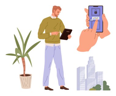 Man interacting with tablet, hand unlocking smartphone, tall office buildings, indoor plant in pot. Ideal for technology, business, remote work, urban living, smart devices modern lifestyle secure