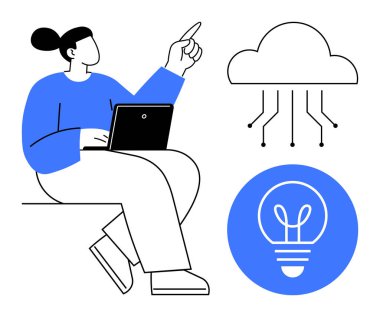 Woman seated with laptop, pointing at a cloud connected to circuits and a glowing lightbulb. Ideal for technology, innovation, cloud computing, creativity, education, collaboration, simple landing