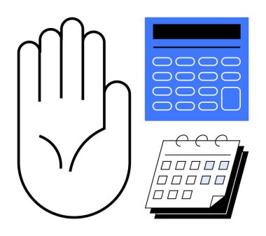 Raised hand symbol next to a calculator and a calendar. Ideal for planning, budgeting, time management, deadlines, financial organization, productivity, teamwork. Simple flat metaphor