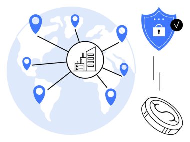 Worldwide map with location markers linked to a centralized building, a security shield with a lock, and a currency coin. Ideal for global business, cybersecurity, online finance, logistics, digital