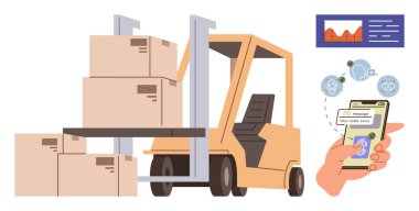 Forklift carrying stacked boxes, mobile interface showing delivery tracking, and statistical dashboard. Ideal for logistics, inventory management, supply chain, technology, e-commerce, efficiency
