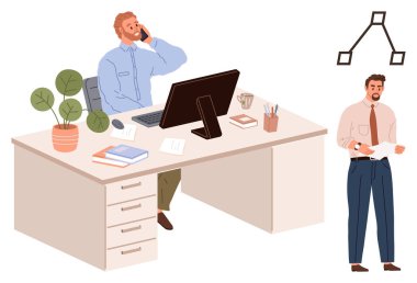Two office professionals performing duties, one on the phone at a desk with a computer, the other holding papers. Ideal for teamwork, communication, productivity, meetings, planning, business simple