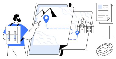 Backpacker pointing at virtual map screen with route and landmarks including mountains and castle. Ideal for navigation, travel, tourism, exploration, trip planning, adventure, digital tools. Simple
