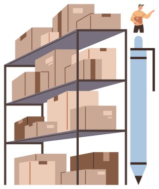 Stacked shelves with boxes highlight storage organization. Giant pen symbolizes planning, creativity, or documentation. Ideal for business, inventory, logistics, warehouse, delivery supply chain