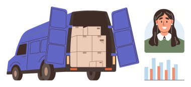 Blue delivery van with open doors showing boxes inside, smiling woman in portrait, and bar chart analysis. Ideal for delivery, logistics, commerce, e-commerce, team statistics tracking. Simple flat