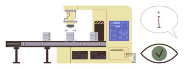 Robotic arm scanning objects on conveyor belt with quality control interface. Ideal for automation, industry, manufacturing, technology, quality assurance, efficiency, innovation. Modern flat