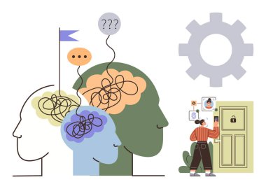 Tangled scribbles in heads, flag, question marks, and a person unlocking a door. Ideal for problem-solving, confusion, mental clarity, decision-making, goal-setting cognitive processes personal