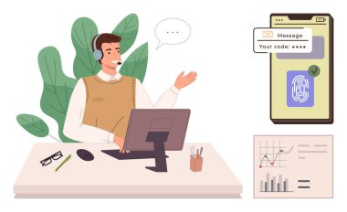 Customer service agent explaining authentication process computer monitor, mobile verification, charts, and desk items. Ideal for security, support, communication, technology, teamwork office setup