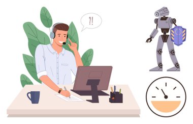 Man at desk communicating with AI assistant, surrounded by productivity tools and data. Ideal for teamwork, innovation, technology, automation, communication, efficiency, simple flat metaphor