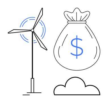 Wind turbine spinning near money bag and cloud. Ideal for sustainability, renewable energy, investment, eco-friendly solutions, green finance, cost savings, environmental growth. Simple flat metaphor