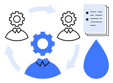Gear-headed figures connected by arrows, representing teamwork, resource management, and task handoff. Includes water drop and documents. Ideal for teamwork, management, sustainability